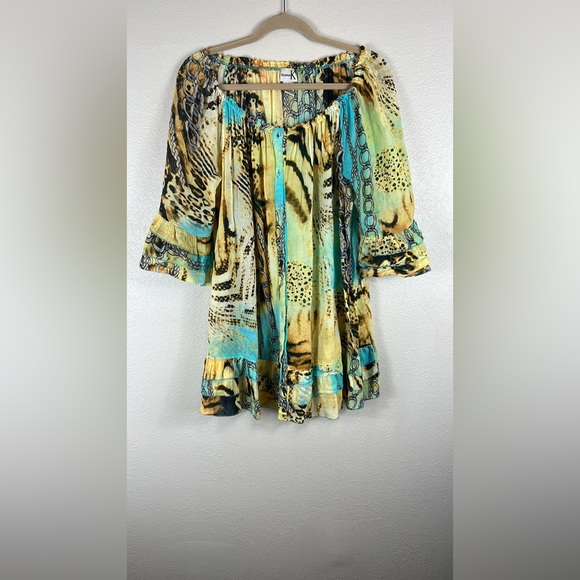 Shana K L Tunic Blouse Woman’s Multicolored Button Down Loose Fitting Ruffled sl - Picture 1 of 8